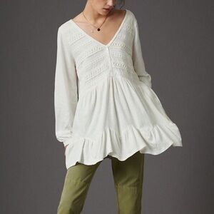 Anthropologie Boho Y2k Retro White Cotton Linen Embroidered Relaxed Fit Tunic M